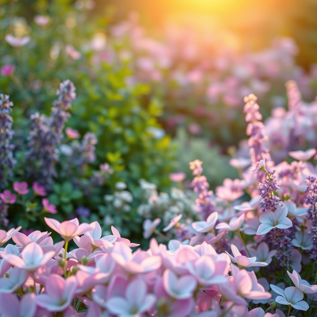 A serene, sunlit garden filled with vibrant, healing colors. In the foreground, a lush array of calming pastel hues - soft pinks, soothing lavenders, and tranquil blues. In the middle ground, clusters of verdant foliage in shades of emerald and sage, creating a sense of balance and harmony. The background features a warm, golden horizon, bathing the scene in a gentle, restorative glow. The lighting is natural and diffused, evoking a sense of peace and rejuvenation. The composition is well-balanced, with a focus on the interplay of colors and textures, inviting the viewer to feel a deep sense of calm and restoration.