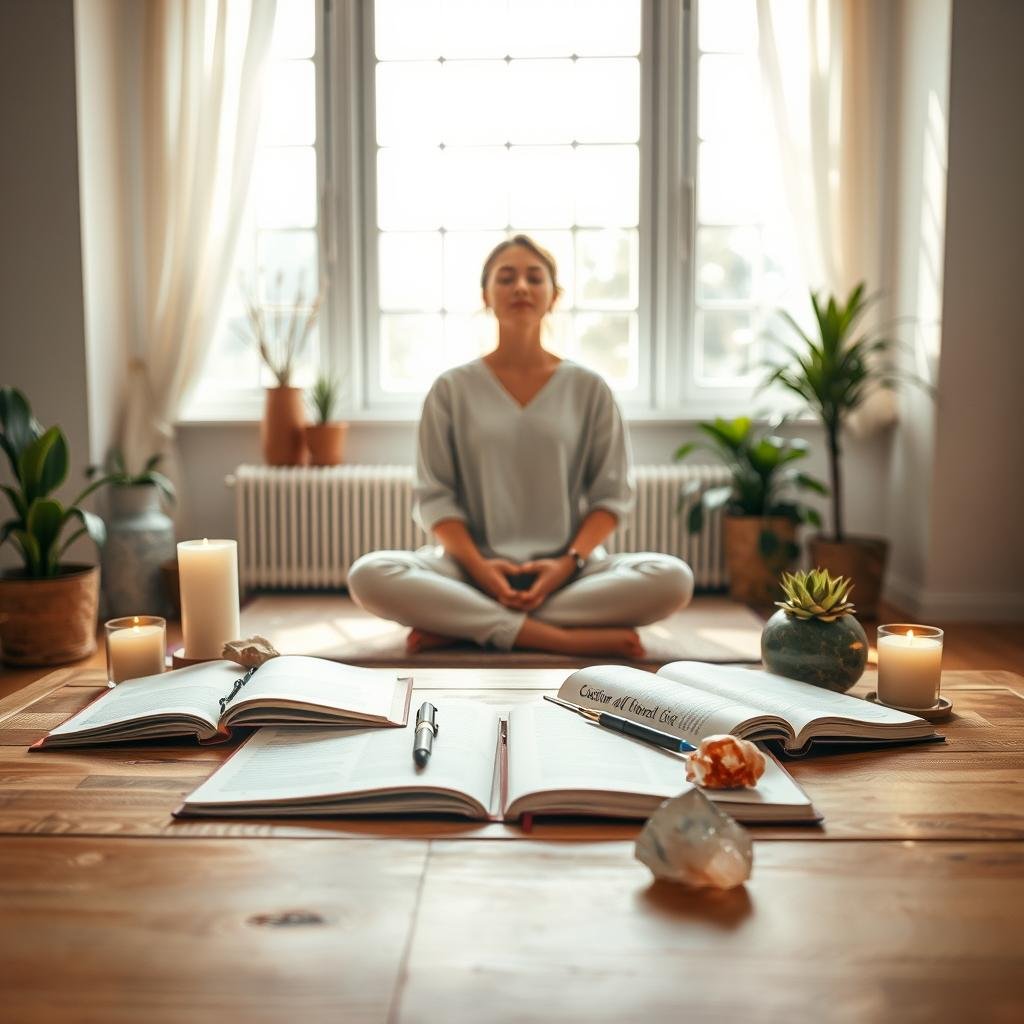 A serene, sunlit interior with a wooden table in the foreground, on which lie open notebooks, a pen, and a calming array of crystals, candles, and plants. In the middle ground, a person sits cross-legged, eyes closed, hands resting lightly on their lap, deeply engaged in a positive affirmations practice. The background features a large window, allowing natural light to flood the space, creating a warm, calming atmosphere. The overall scene conveys a sense of tranquility, self-reflection, and personal growth.
