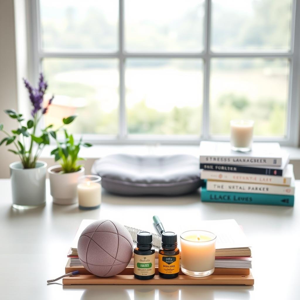 A serene workspace with a desk, potted plant, and soothing aromatherapy candle. In the foreground, calming stress management items like a stress ball, journal, and lavender-scented essential oils. The middle ground features a meditation cushion and a stack of self-help books. The background has a large window overlooking a peaceful nature scene, with soft, diffused natural lighting illuminating the space. The overall atmosphere is one of mindfulness, tranquility, and practical tips for daily stress relief.