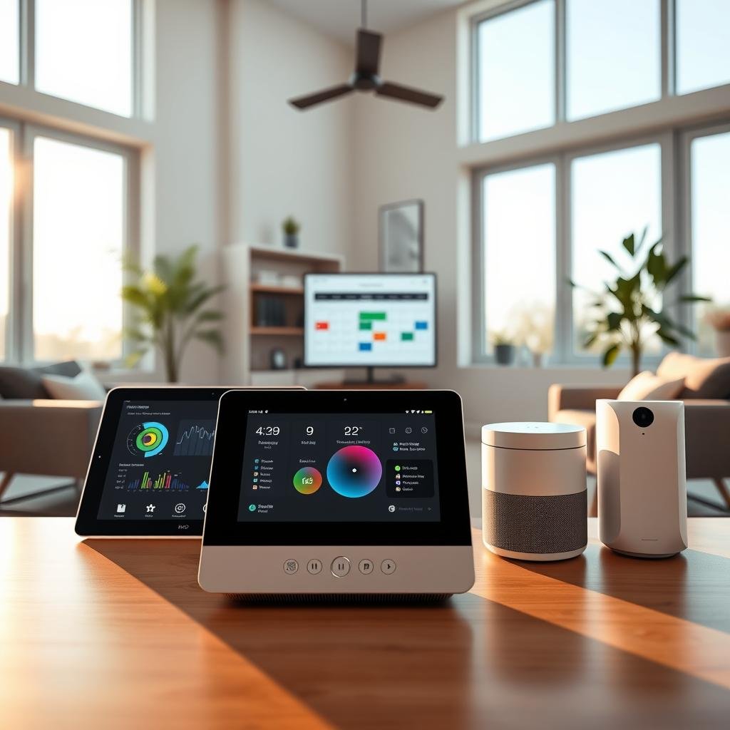 A sleek, minimalist home office with a central workstation showcasing an array of cutting-edge home management tech tools. In the foreground, a streamlined smart hub with voice control and integrated home automation, surrounded by a tablet displaying smart home analytics, a security camera, and a smart thermostat. In the middle ground, a high-resolution digital calendar synced with family schedules, and a smart speaker with to-do list functionality. The background features modern, clean-lined furniture and large windows, bathing the scene in warm, natural lighting to create a serene, productive atmosphere.