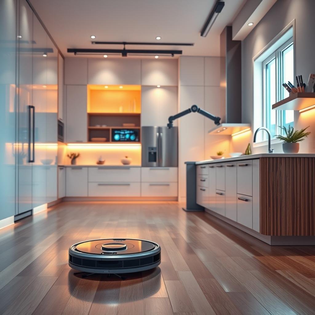 A sleek, modern kitchen bathed in warm, ambient lighting. In the foreground, a robotic vacuum cleaner glides effortlessly across the gleaming hardwood floors, its sensors detecting every speck of dust and dirt. In the middle ground, a state-of-the-art robotic arm extends from the counter, methodically wiping down the pristine surfaces. Hanging from the ceiling, a series of telescoping poles support a series of microfiber mops and dusters, automatically cleaning the walls and windows. The background reveals a series of digital displays and voice-controlled interfaces, allowing the homeowner to monitor and adjust the cleaning schedule with a simple command. The overall atmosphere conveys a sense of order, efficiency, and a stress-free living experience.