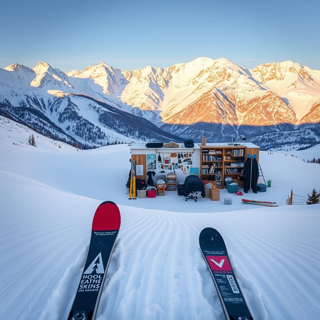 A snow-covered ski slope winds down a mountainous landscape. In the foreground, a pair of skis and poles are neatly arranged, ready for a systematic approach to decluttering. The middle ground features an organized arrangement of various household items, suggesting a methodical room-by-room decluttering process. The background showcases the majestic mountains, bathed in a warm, golden light, creating a serene and calming atmosphere. The scene is captured with a wide-angle lens, emphasizing the depth and scale of the setting, encouraging a sense of order and control over one's surroundings.