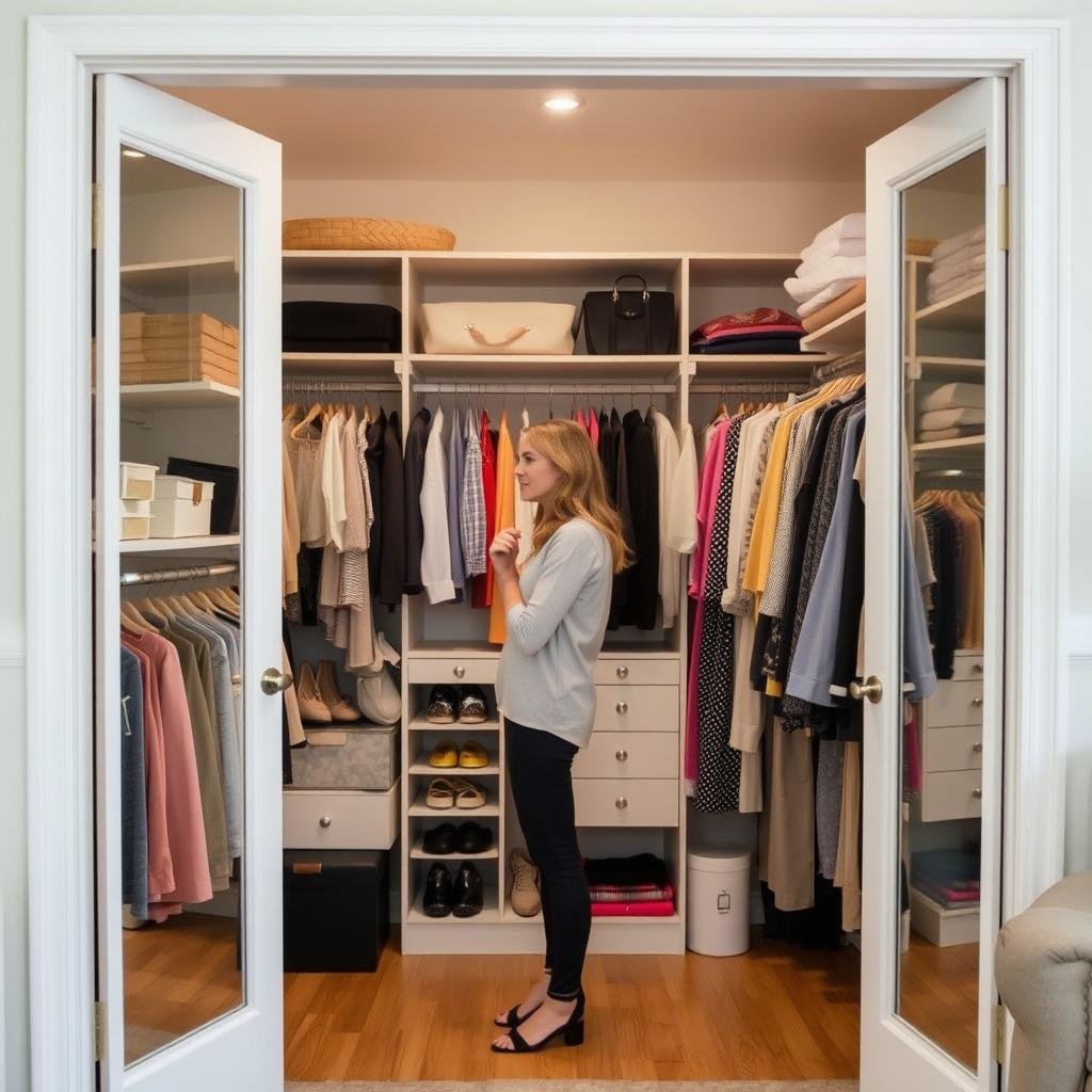 A spacious, well-lit closet interior with an open door, showcasing the contents neatly organized on shelves and hanging rods. The foreground features a woman standing in the doorway, examining the closet's contents with a thoughtful expression. The middle ground displays a variety of clothing items, accessories, and storage solutions, arranged in a visually appealing manner. The background subtly hints at the larger living space, with soft, natural lighting filtering in. The overall scene conveys a sense of order, organization, and a thoughtful approach to evaluating one's closet.