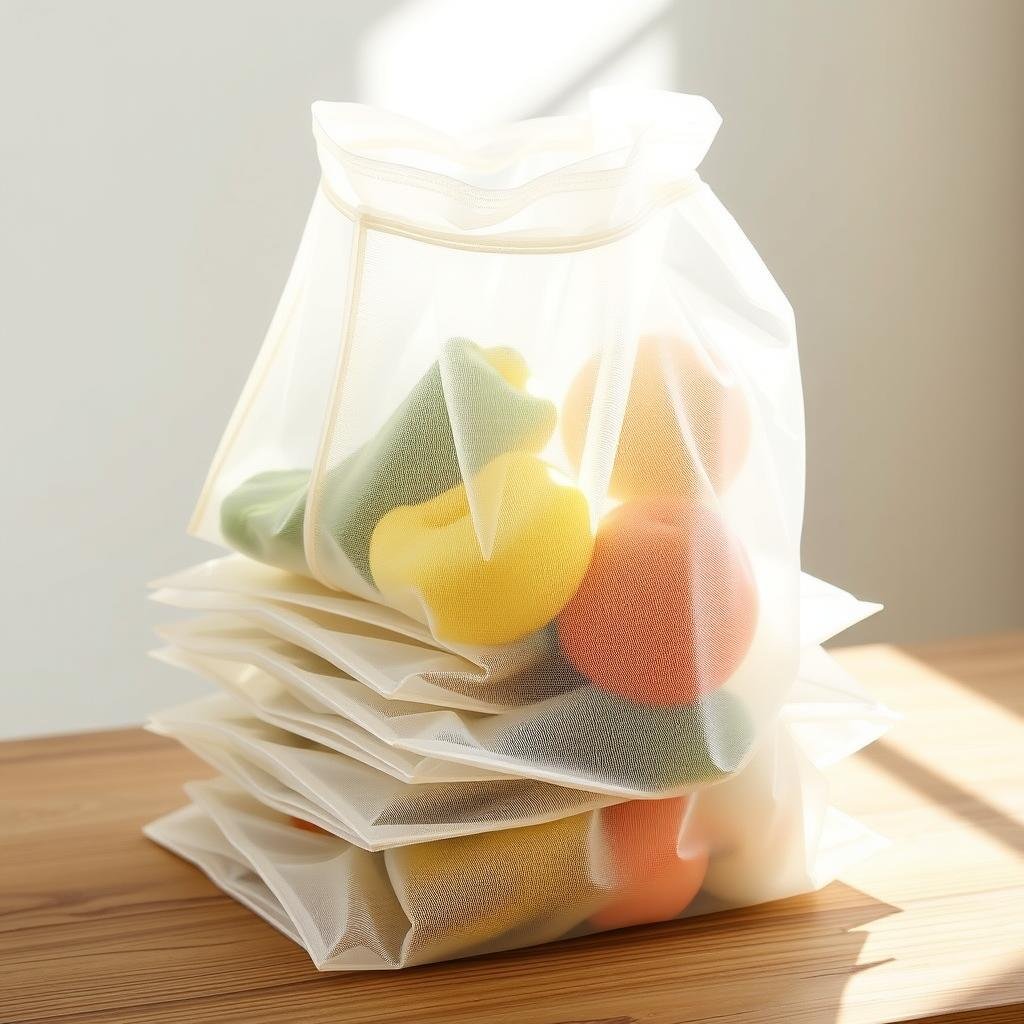 A stack of transparent, reusable produce bags made from lightweight, durable, and eco-friendly materials. The bags are neatly folded, showcasing their compact, versatile design. Sunlight streams through the translucent fabric, casting a warm, natural glow. The bags are arranged on a simple, wooden surface, highlighting their minimalist, sustainable appeal. The composition is clean, well-lit, and emphasizes the practical and environmentally conscious nature of these reusable alternatives to single-use plastic produce bags.