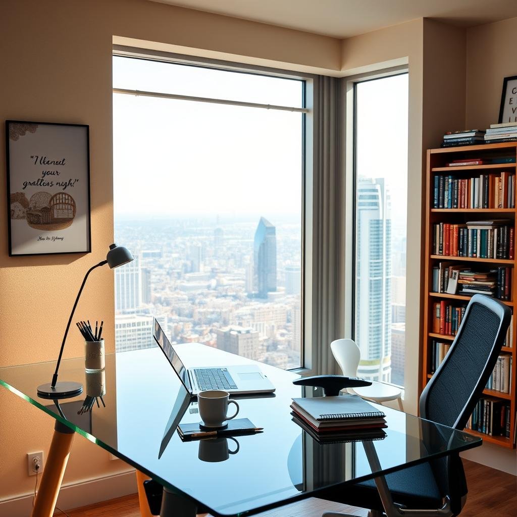 A sun-drenched home office, with a sleek glass desk and modern ergonomic chair. On the desk, a laptop, a mug of steaming coffee, and a neatly organized array of notebooks and pens. In the background, floor-to-ceiling windows offer a panoramic view of a bustling city skyline. The walls are adorned with inspirational artwork and motivational quotes. A well-stocked bookshelf stands in the corner, a testament to the occupant's thirst for knowledge. The lighting is warm and inviting, casting a soft glow over the space. A sense of focus, discipline, and productivity permeates the scene, embodying the daily routines of high-achieving individuals striving for greatness. A sun-drenched home office, with a sleek glass desk and modern ergonomic chair. On the desk, a laptop, a mug of steaming coffee, and a neatly organized array of notebooks and pens. In the background, floor-to-ceiling windows offer a panoramic view of a bustling city skyline. The walls are adorned with inspirational artwork and motivational quotes. A well-stocked bookshelf stands in the corner, a testament to the occupant's thirst for knowledge. The lighting is warm and inviting, casting a soft glow over the space. A sense of focus, discipline, and productivity permeates the scene, embodying the daily routines of high-achieving individuals striving for greatness.