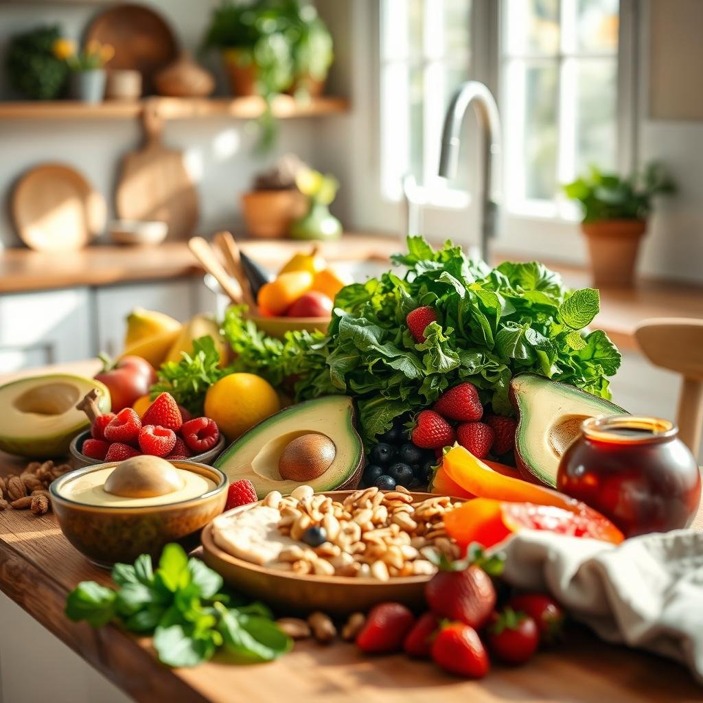 A sunlit kitchen table showcases a visually balanced array of whole, nutrient-dense foods: crisp greens, vibrant berries, creamy avocado, crunchy nuts, and a rainbow of fresh produce. Soft, diffused lighting accentuates the natural textures and colors, creating a sense of warmth and vitality. The composition is carefully arranged to emphasize the harmony and synergy of a well-rounded, immune-boosting diet. The scene evokes a feeling of nourishment, wellness, and a connection to the essential elements that support a healthy immune system.