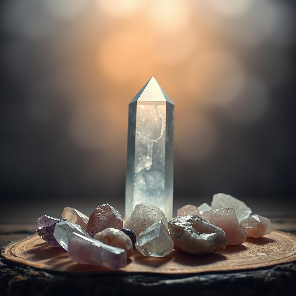 A tranquil arrangement of healing crystals in a dimly lit, serene space. In the foreground, an array of crystals in various shapes and colors - amethyst, rose quartz, clear quartz - resting on a natural, wooden surface. The middle ground features a single, large, translucent crystal casting a soft, diffused glow, illuminating the scene. The background is hazy, with a gentle, warm light source creating a sense of calm and contemplation. The overall scene radiates a sense of balance, harmony, and the restorative power of nature's gifts.