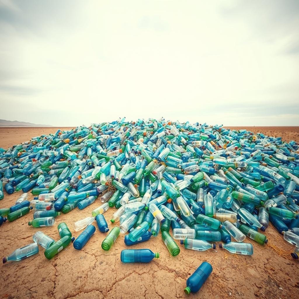 A vast pile of discarded plastic water bottles, haphazardly strewn across a desolate landscape. The bottles, in varying shades of blue, green, and clear, are crushed and scattered, creating a chaotic, eyesore of a scene. The ground is dry and cracked, devoid of any vegetation, emphasizing the stark, lifeless nature of the environment. Overhead, a harsh, cloudless sky casts a harsh, washed-out light, adding to the sense of bleakness and environmental degradation. The overall impression is one of a disturbing, cautionary tale about the impact of our reliance on single-use plastics and the urgent need to adopt more sustainable practices.