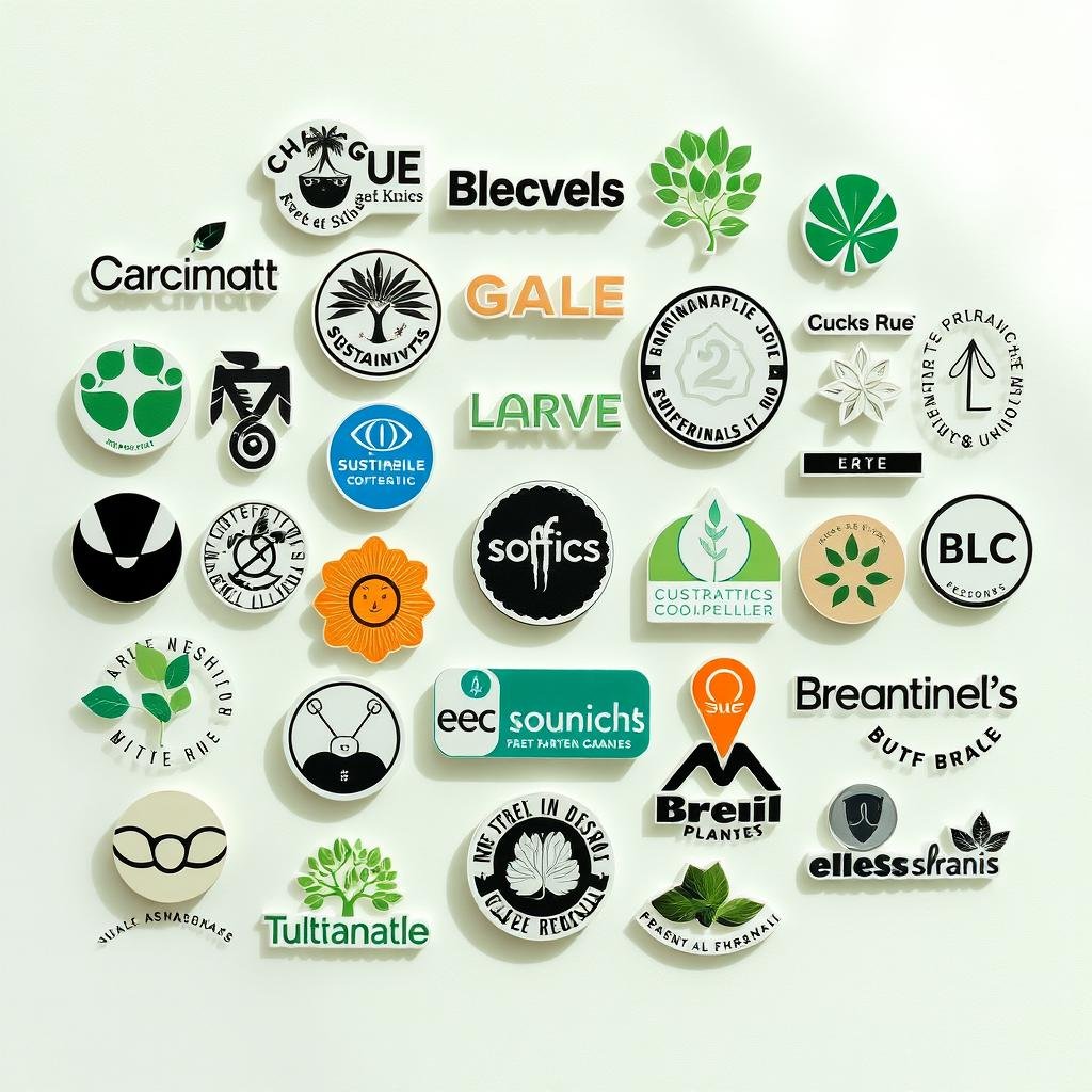 A vibrant arrangement of sustainable brand logos, featuring eco-friendly materials and ethical production practices. Arrange the logos on a clean, minimalist background with soft, natural lighting. Capture a sense of environmental consciousness and consumer awareness. Include a diverse range of product categories, such as apparel, home goods, and personal care items. Render the image with a crisp, high-quality finish to showcase the brands' visual identity and commitment to sustainability.