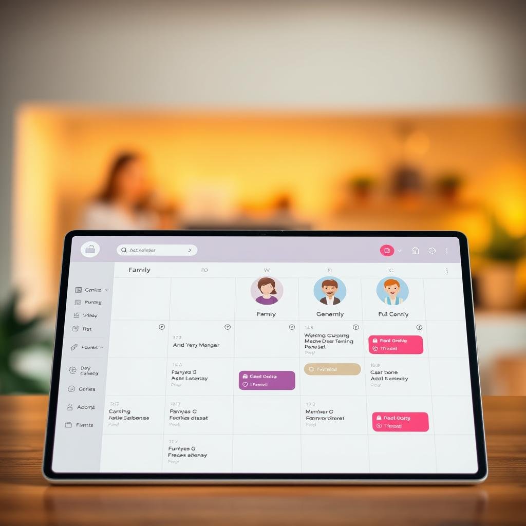 A vibrant family calendar interface, showcasing varying access levels for members. In the foreground, a sleek, minimalist design with a clean grid layout displaying family events and schedules. The middle ground features avatars of family members, each with a distinct icon denoting their access privilege - from full control to read-only. The background softly blurs, hinting at the secure, cloud-based nature of the calendar system. Warm, natural lighting casts a inviting glow, conveying a sense of familial harmony and organization. Crisp, high-resolution textures and a subtle depth of field create a visually captivating and informative illustration.