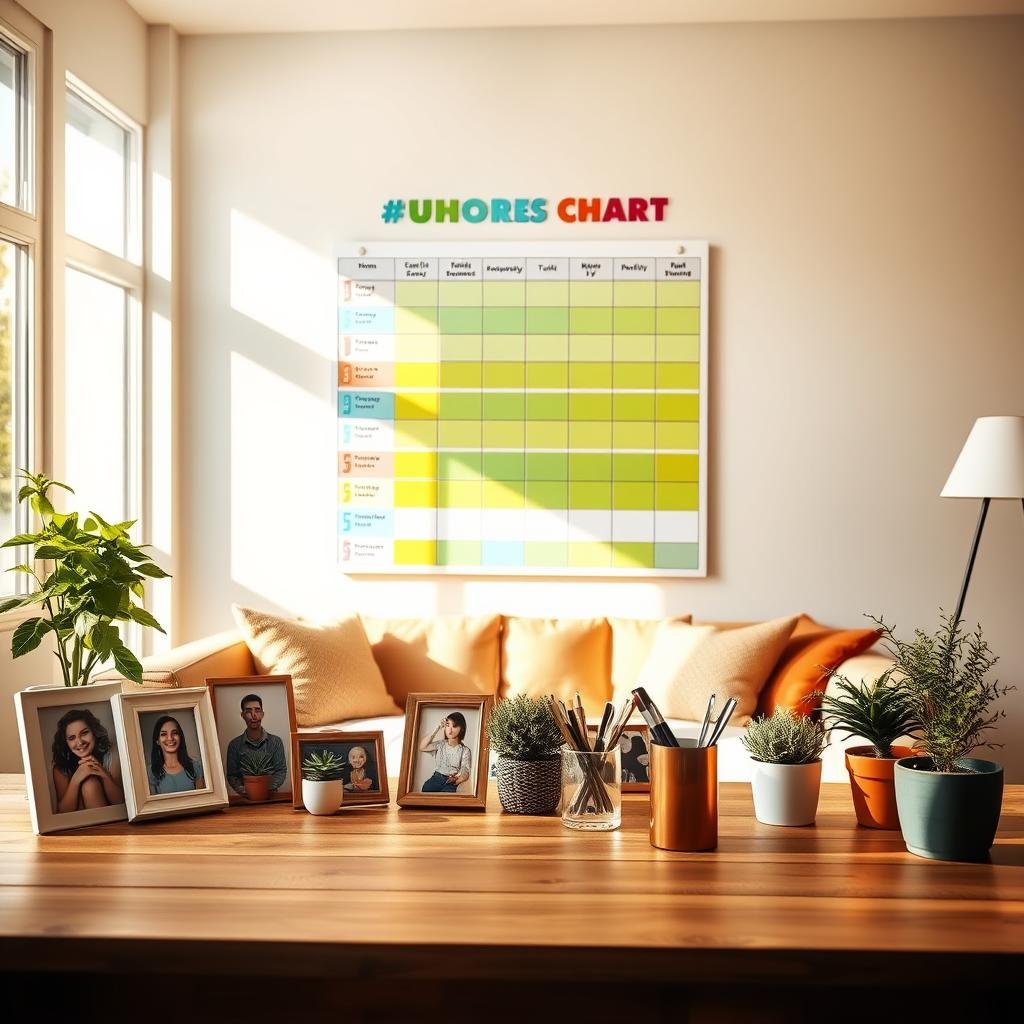A vibrant, neatly organized family chore chart hangs on a light-colored wall, its colorful boxes and icons casting a warm, inviting glow. In the foreground, a wooden table holds family photos, potted plants, and a pen cup, creating a cozy, domestic atmosphere. The middle ground features the chore chart itself, its design clean and intuitive, with customizable tasks and responsibilities for each family member. The background showcases a bright, airy living room, with sunlight streaming through large windows, illuminating the scene with a sense of tranquility and order. The overall mood is one of togetherness, productivity, and a well-balanced household.