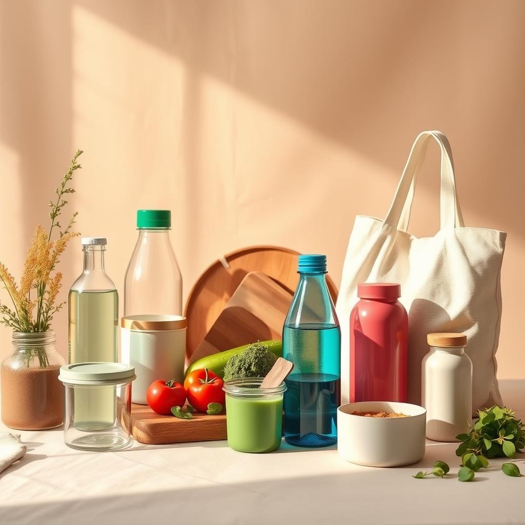 A vibrant still life arrangement showcasing an assortment of reusable household items. In the foreground, a collection of eco-friendly reusable containers, water bottles, and cloth bags are elegantly displayed against a soft, neutral background. The middle ground features a wooden cutting board with sustainable produce like fruits and vegetables, hinting at a zero-waste kitchen. Warm, natural lighting casts a gentle glow, highlighting the textures and colors of the reusable alternatives. The overall mood is one of simplicity, mindfulness, and a commitment to sustainable living, inviting the viewer to consider small changes that can make a big difference.