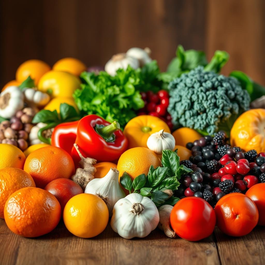 A vibrant still life depicting an assortment of immune-boosting foods arranged on a wooden table. In the foreground, plump oranges, juicy lemons, and bright red bell peppers shine under soft, natural lighting. Behind them, clusters of earthy garlic, ginger, and antioxidant-rich berries create a colorful, inviting composition. The middle ground features leafy greens like kale and spinach, while the background subtly hints at a cozy, rustic setting with warm, muted tones. The overall mood is one of health, vitality, and the bounty of nature's nutritious offerings.