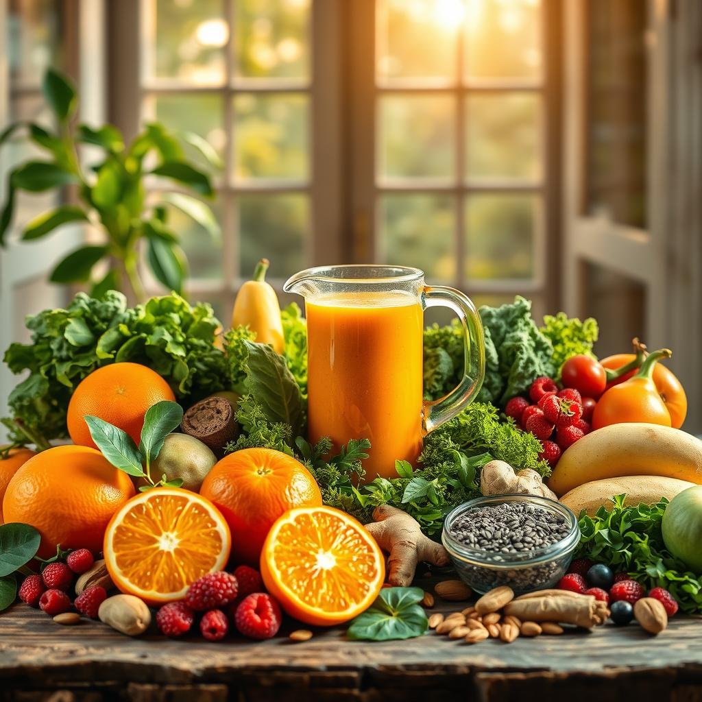 A vibrant still life scene depicting an array of energy-boosting foods in a natural, sun-dappled setting. In the foreground, a diverse selection of fresh fruits and vegetables, including juicy oranges, leafy greens, nutrient-dense berries, and crunchy nuts, artfully arranged on a rustic wooden surface. In the middle ground, a glass pitcher of amber-hued energy-rich smoothie, complemented by a handful of energizing supplements like ginger, turmeric, and chia seeds. The background features an open window, allowing warm, golden-hour light to pour in, creating a cozy, inviting atmosphere that evokes a sense of nourishment and vitality.
