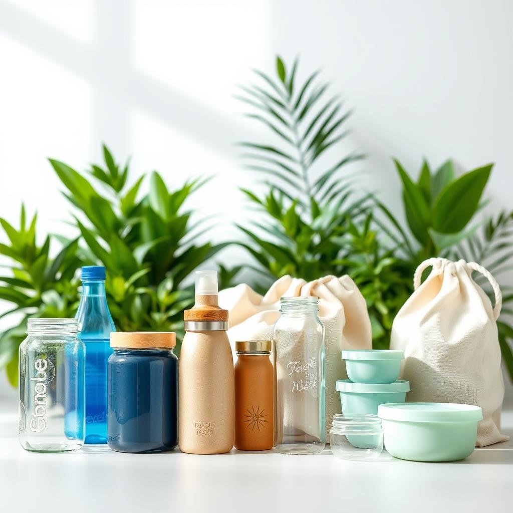 A visually striking still-life composition featuring an assortment of reusable household items in a bright, airy setting. In the foreground, a mix of durable, eco-friendly alternatives to single-use products such as glass jars, reusable water bottles, cloth bags, and silicone food storage containers. The middle ground showcases a backdrop of lush, verdant plants, creating a sense of natural harmony. Soft, diffused natural lighting bathes the scene, emphasizing the clean, sustainable aesthetic. The overall mood is one of simplicity, mindfulness, and a commitment to reducing waste through practical, environmentally-conscious choices.