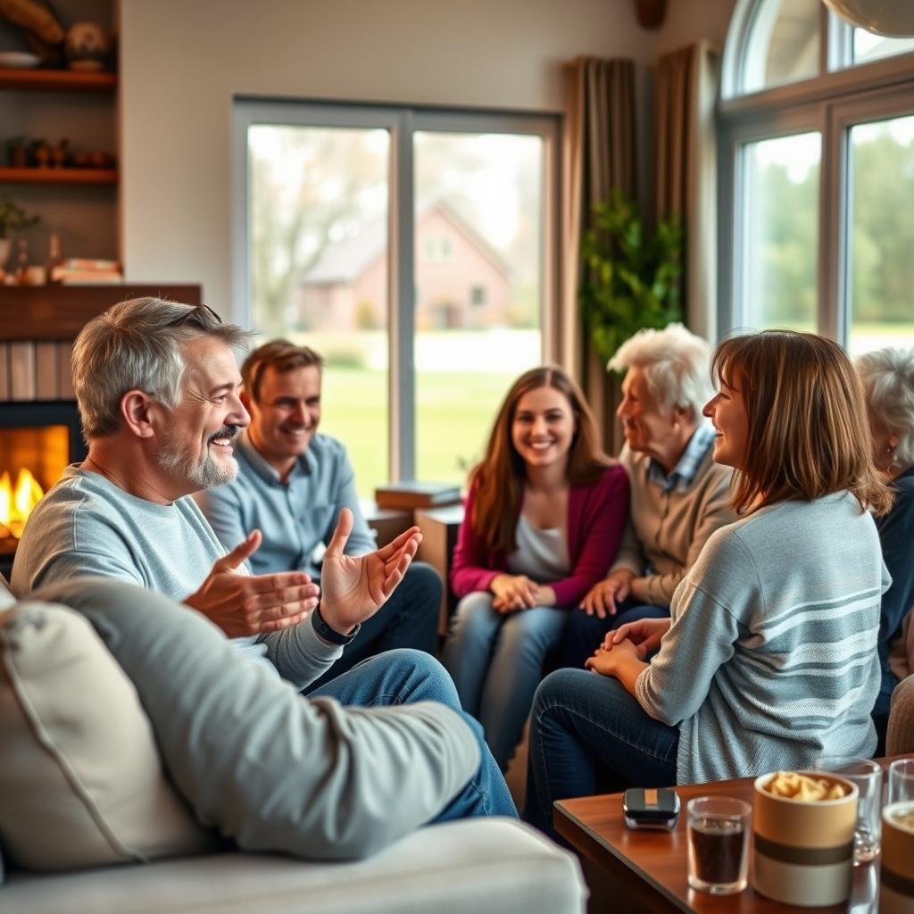 A warm and inviting family gathering, with a group of people engaged in lively conversation. In the foreground, a middle-aged couple sitting on a couch, gesturing and smiling as they share stories. In the middle ground, their teenage children and elderly grandparents gathered around a coffee table, listening intently and nodding in agreement. The background features a cozy living room, with soft lighting from a fireplace and large windows overlooking a peaceful, suburban setting. The overall atmosphere conveys a sense of openness, understanding, and genuine connection, reflecting the importance of effective communication strategies for family involvement.