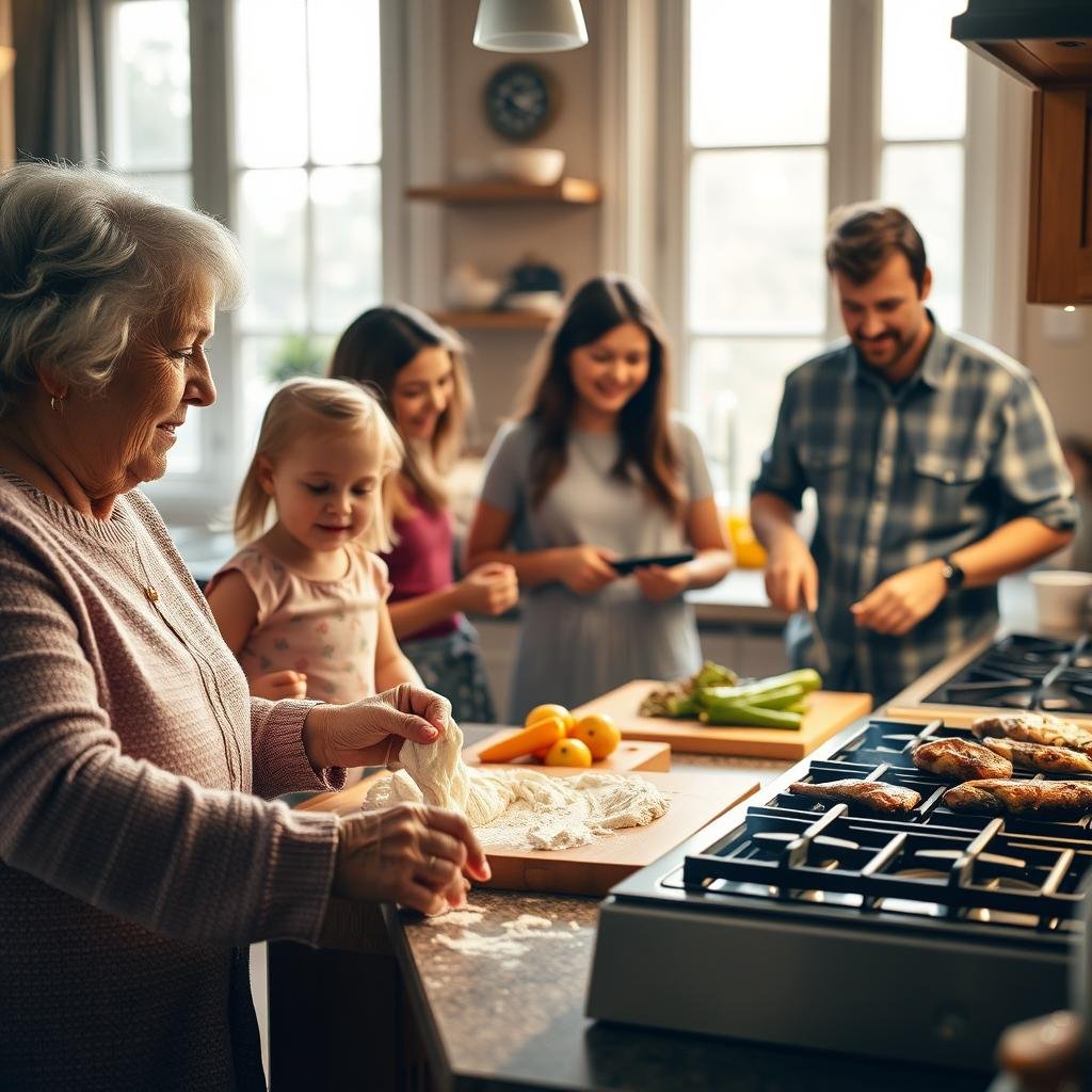 A warm, cozy kitchen filled with a family of four engaged in various meal preparation activities. In the foreground, a grandmother and young child kneading dough together on the countertop, their hands covered in flour. In the middle ground, a mother and teenage daughter chopping vegetables at the cutting board, discussing flavors and measurements. In the background, a father grilling meat on a gas stove, the aroma of spices and sizzling food filling the air. Soft, natural lighting from large windows casts a golden glow over the scene, creating an inviting and familial atmosphere.