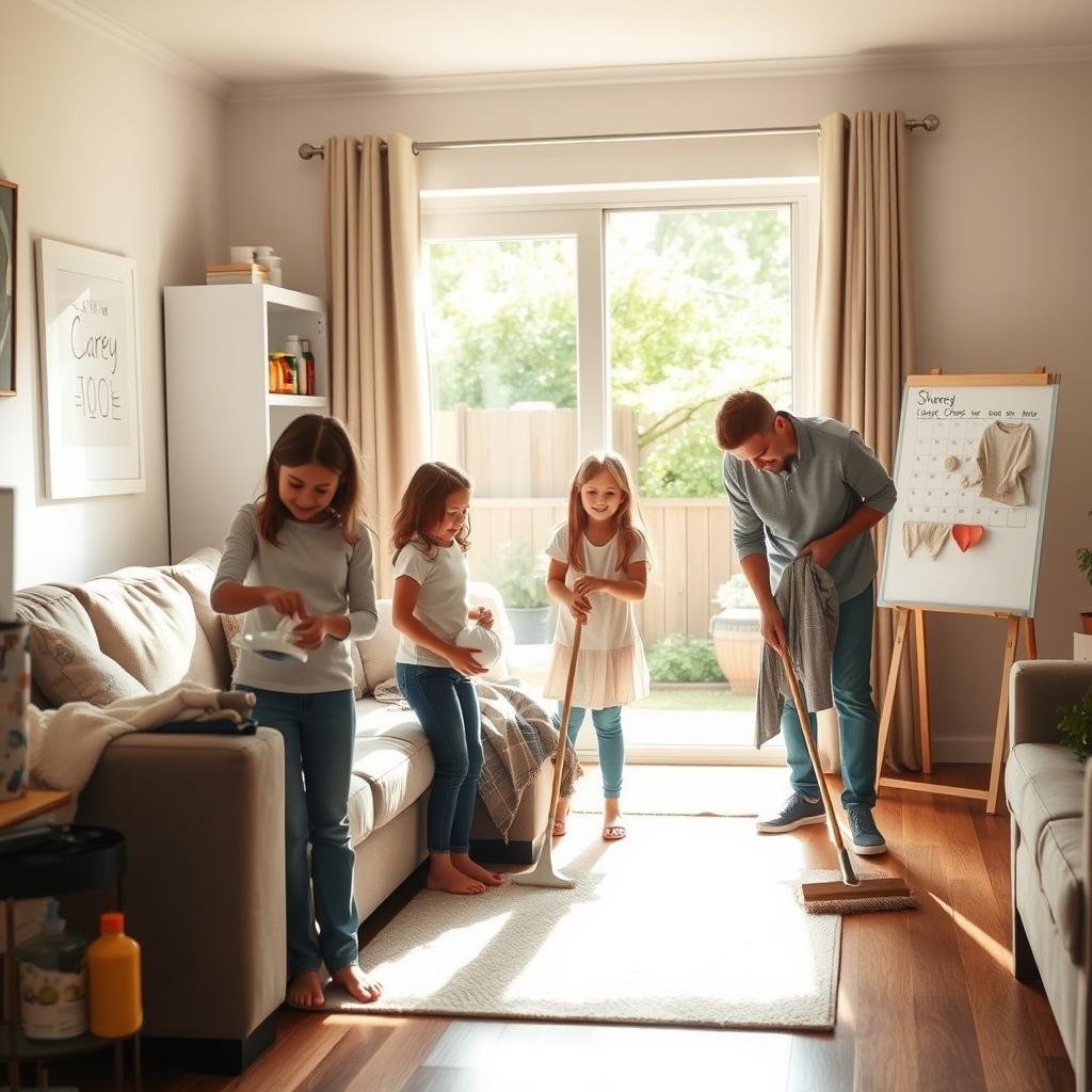 A warm, cozy living room on a sunny afternoon. In the foreground, a family of four - parents and two children - work together cheerfully on household chores. The parents guide the kids as they dust the furniture, sweep the floor, and fold laundry. Middle ground features a well-organized cleaning supplies cabinet and a whiteboard displaying a shared chore schedule. The background depicts a view through the window, showcasing a lush, verdant backyard. Soft, natural lighting fills the space, creating an atmosphere of harmony and shared responsibility.