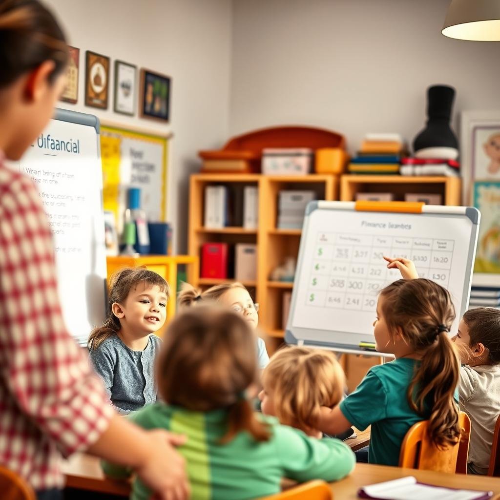A warm, inviting classroom setting with a teacher guiding a group of enthusiastic children. The foreground shows the teacher demonstrating financial concepts using a whiteboard and interactive learning materials. The middle ground depicts the children, their faces lit with curiosity, eagerly participating in the lesson. The background showcases educational posters, a bookshelf, and other academic accoutrements, creating a nurturing and enriching environment. The lighting is soft and natural, casting a gentle glow across the scene. The overall mood is one of engaged learning, fostering a sense of financial responsibility and practical life skills.