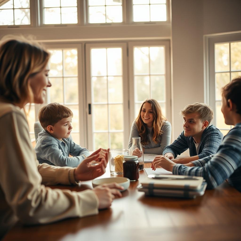 A warm, inviting family gathered around a wooden kitchen table, communicating and collaborating. In the foreground, a mother and father engage in lively discussion, leaning in with open body language. Their children, a son and daughter, sit across from them, listening intently and occasionally chiming in. Soft, diffused lighting from large windows casts a golden glow, creating an atmosphere of intimacy and togetherness. The scene conveys the strength of familial bonds and the importance of open communication in fostering a well-organized and harmonious home environment.
