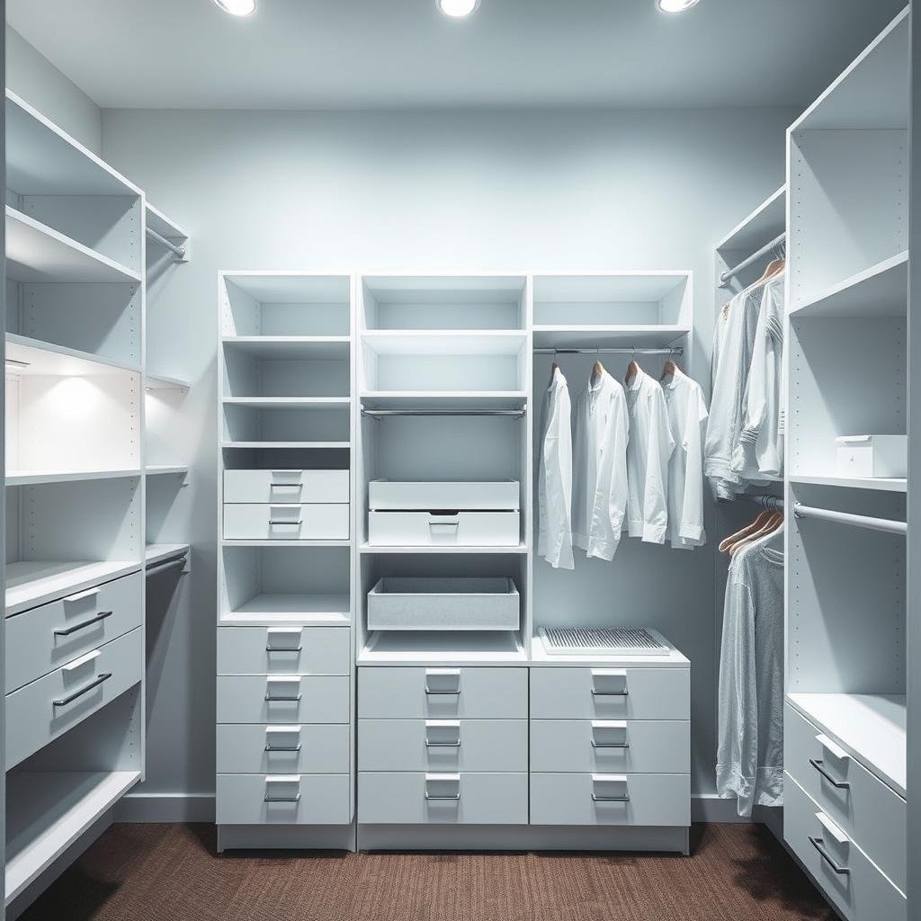 A well-lit, modern closet space showcasing a variety of efficient storage systems. Minimalist white shelving units, drawers, and hanging rod organizers neatly arranged in a symmetrical layout. Soft diffused lighting illuminates the scene, casting gentle shadows that accentuate the depth and texture of the materials. The scene radiates a sense of order, practicality, and visual harmony, perfectly suited to maximize the potential of a closet space.