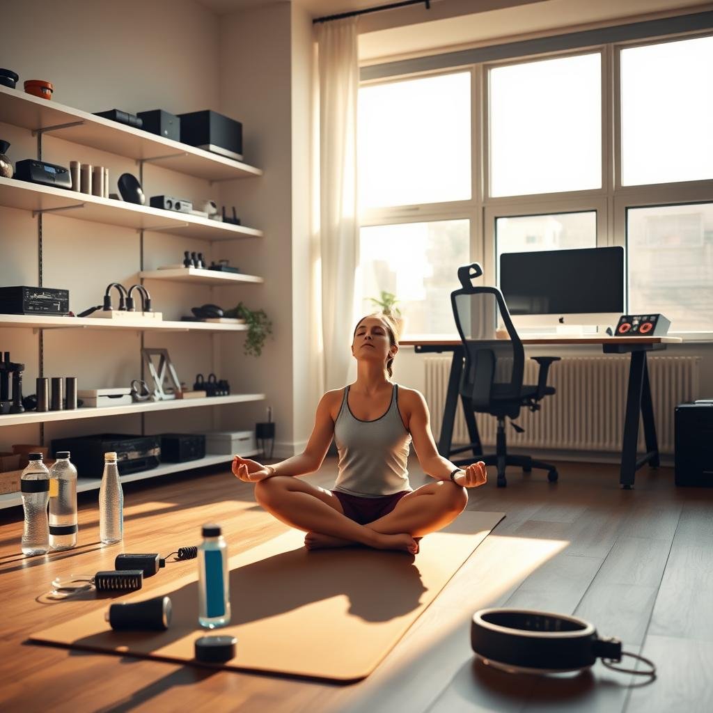 A well-lit, modern home gym with various biohacking gadgets and devices on sleek, minimalist shelves. In the foreground, a person sits cross-legged on a yoga mat, eyes closed, deep in meditation. Scattered around them are smart water bottles, a sleep tracking device, and a compact muscle stimulation unit. The middle ground features a standing desk and ergonomic office chair, with a high-tech heart rate monitoring wearable on the desk. In the background, large windows let in abundant natural light, casting a warm, energizing glow. The overall atmosphere is one of focused productivity and intentional self-optimization for peak physical and mental performance. A well-lit, modern home gym with various biohacking gadgets and devices on sleek, minimalist shelves. In the foreground, a person sits cross-legged on a yoga mat, eyes closed, deep in meditation. Scattered around them are smart water bottles, a sleep tracking device, and a compact muscle stimulation unit. The middle ground features a standing desk and ergonomic office chair, with a high-tech heart rate monitoring wearable on the desk. In the background, large windows let in abundant natural light, casting a warm, energizing glow. The overall atmosphere is one of focused productivity and intentional self-optimization for peak physical and mental performance.