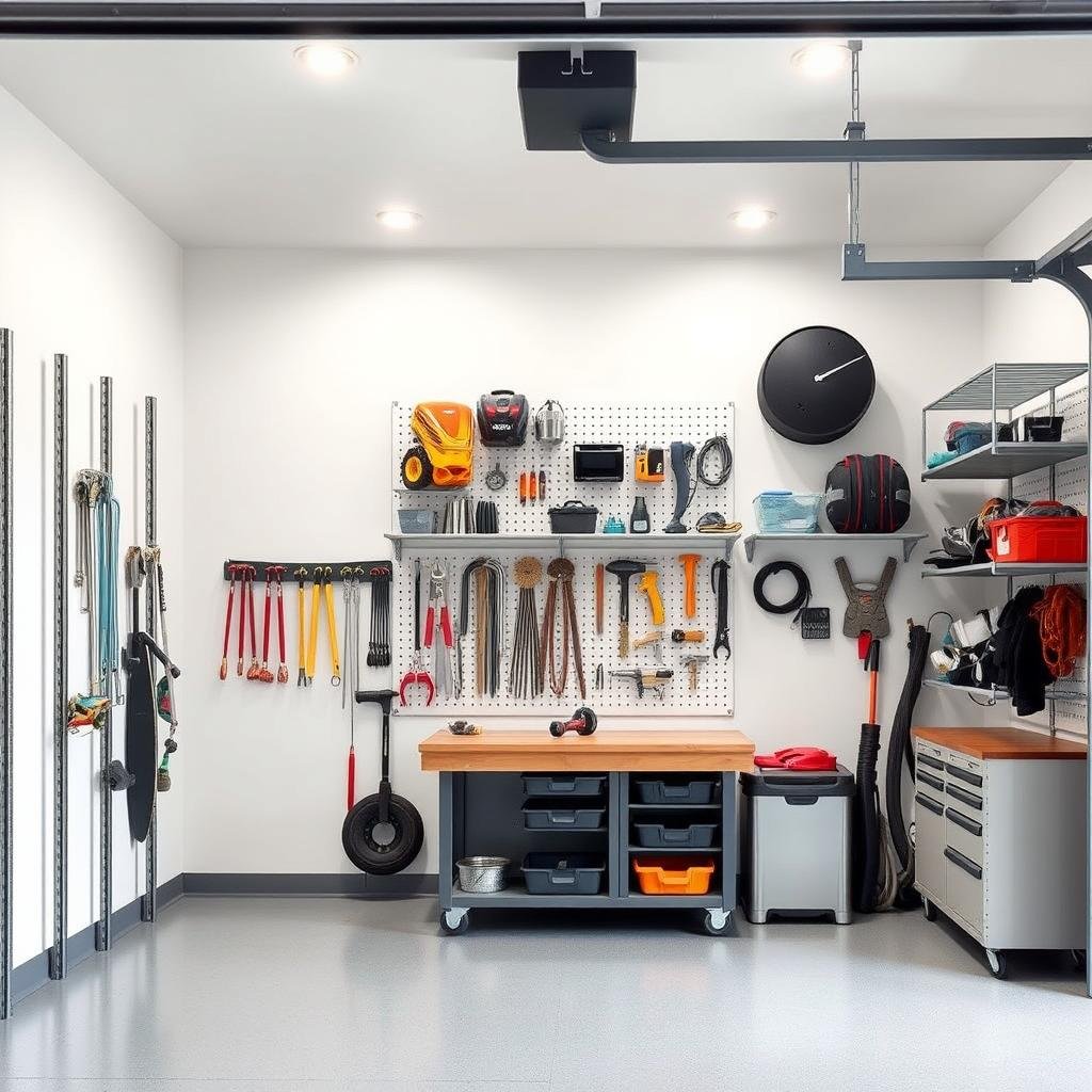 A well-organized and functional garage interior with a sleek, modern aesthetic. In the foreground, a series of vertical storage solutions, including tall metal shelving units and wall-mounted pegboards, neatly displaying a variety of tools, equipment, and supplies. The middle ground features a workbench with a sturdy wood top and a mix of open and closed storage compartments. Soft, diffused lighting from recessed ceiling fixtures casts a warm glow, highlighting the clean lines and tidy organization. The background showcases a minimalist color palette of grays and whites, creating a sense of uncluttered tranquility. The overall scene conveys a harmonious blend of practicality and design, inspiring efficient garage organization.