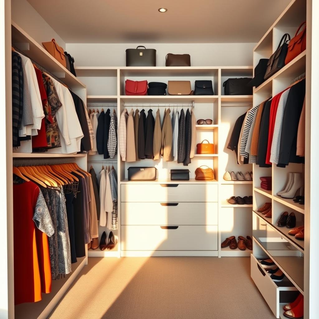 A well-organized closet, neatly categorized clothing and accessories on display. In the foreground, fashionable outfits and personal items arranged by type and color, casting warm, natural light. In the middle ground, shelves and drawers hold meticulously sorted garments, bags, and shoes. The background features a serene, minimalist space with soft, ambient lighting, emphasizing the efficient, clutter-free organization. The scene conveys a sense of tranquility, control, and a harmonious balance between form and function.