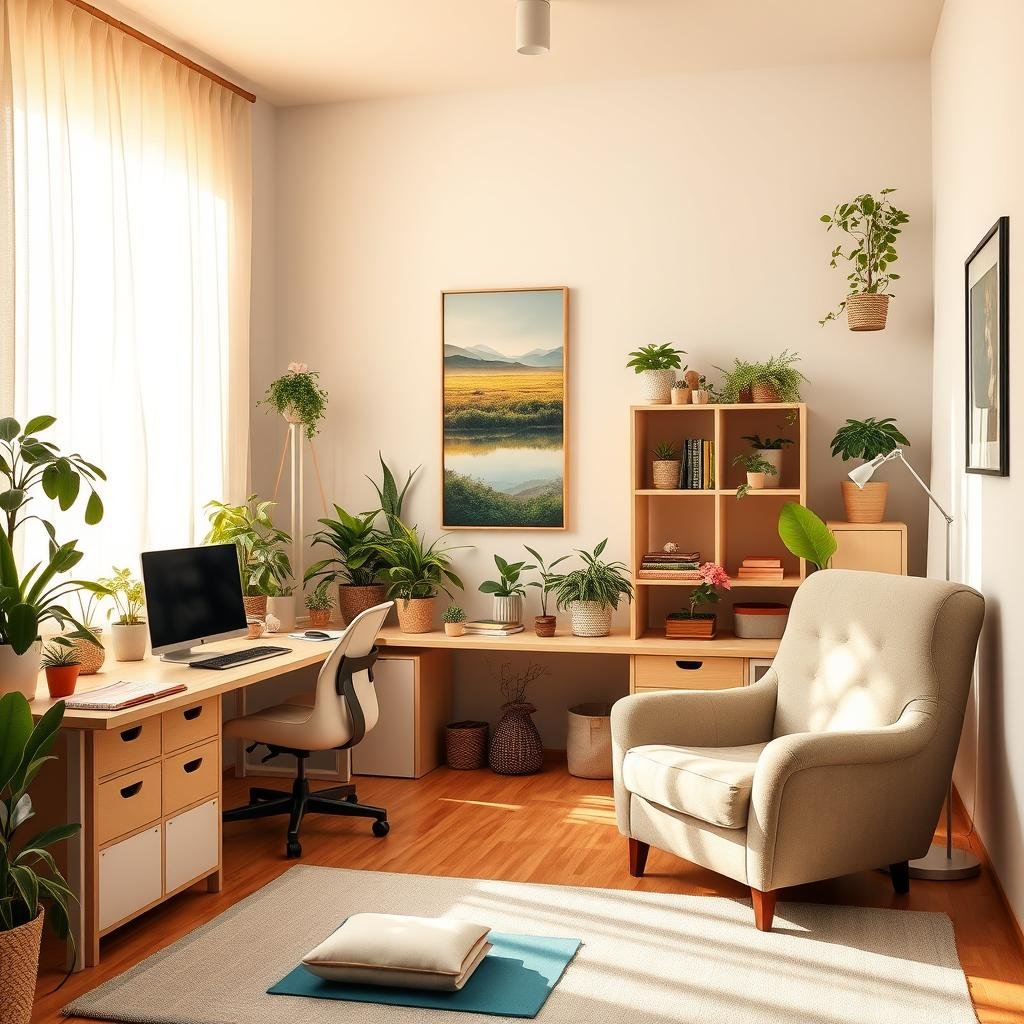 A well-organized home office, flooded with warm natural light filtering through sheer curtains. Neatly arranged desks, shelves, and storage units create a sense of calm and focus. Vibrant houseplants and a serene landscape painting on the wall evoke a soothing, rejuvenating atmosphere. A plush armchair invites relaxation, while a meditation cushion on the floor suggests mindfulness practices. The overall scene conveys a harmonious blend of productivity and mental tranquility, inspiring a balanced, mentally-healthy lifestyle.