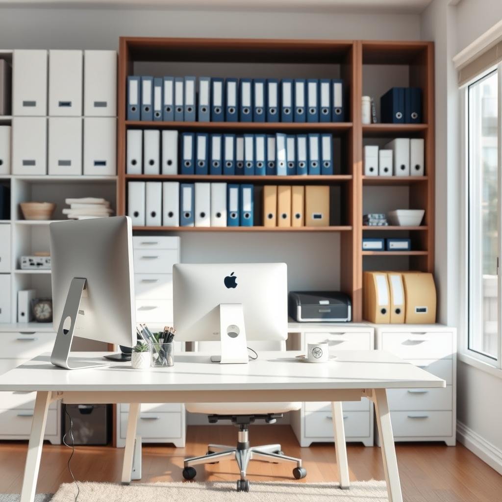 A well-organized home office with neatly arranged shelves, filing cabinets, and storage containers. A desk with a sleek, minimal design sits in the foreground, accompanied by a desktop computer and a carefully curated selection of office supplies. The middle ground features a large bookshelf displaying various binders, folders, and labeled storage bins, conveying a sense of order and efficiency. The background showcases a large window, allowing natural light to filter in, creating a warm and inviting atmosphere. The overall scene conveys a sense of long-term organization, where systems and processes have been meticulously designed to maintain a clean, functional, and productive workspace.