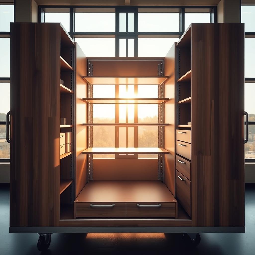 A well-organized mobile storage unit with various compartments and shelves, illuminated by warm, natural lighting streaming in through large windows. The unit is made of smooth, durable wood panels and sleek metal accents, designed for easy mobility on casters. Shelves are adjustable to accommodate different-sized items, and drawers provide additional concealed storage. The overall aesthetic is modern, minimalist, and highly functional, reflecting the versatility and convenience of this mobile storage solution.