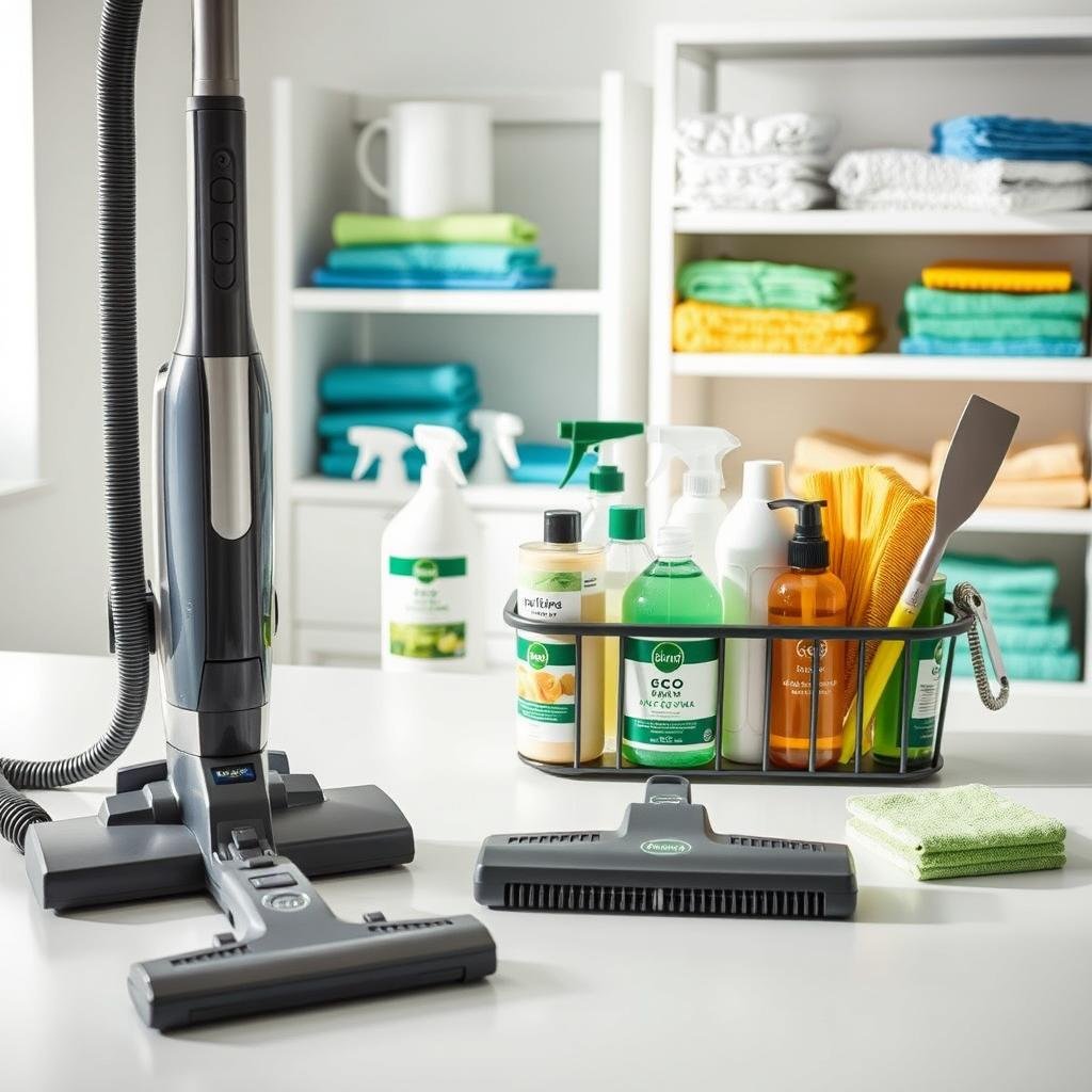 A well-organized system of cleaning tools and supplies arranged on a pristine white countertop. In the foreground, a sleek, modern vacuum cleaner, its brushes and attachments neatly displayed. In the middle ground, a caddy holding an array of eco-friendly cleaning products, their labels prominently featured. The background showcases a minimalist shelving unit stocked with color-coordinated microfiber cloths, sponges, and other essential cleaning accessories. Soft, natural lighting illuminates the scene, creating a sense of order and efficiency. The overall composition conveys a streamlined, practical approach to maintaining consistent cleaning habits.