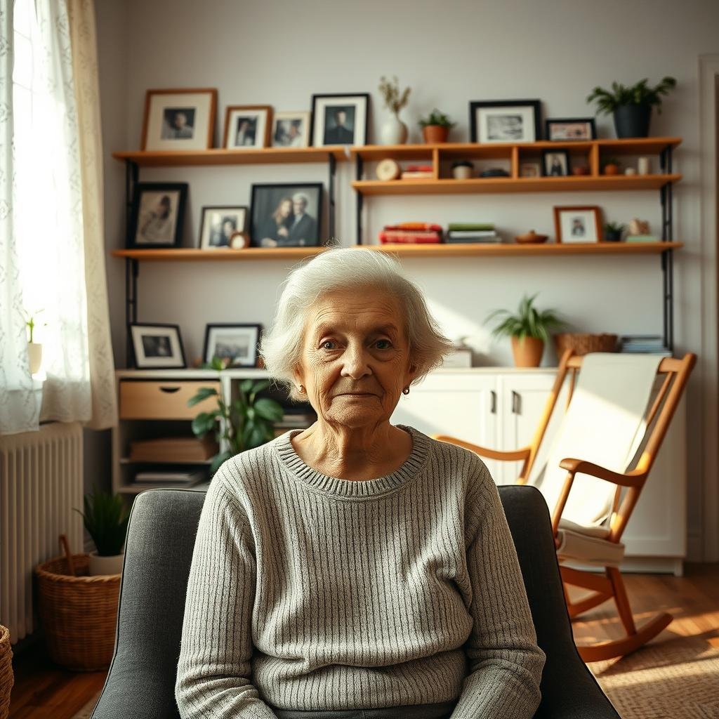 An elderly Swedish woman sits in a minimalist living room, surrounded by neatly organized possessions. Warm natural light filters through lace curtains, casting a gentle glow. Shelves display a curated collection of family photos, plants, and keepsakes. The woman's face bears a serene expression, reflecting a lifetime of thoughtful decluttering. In the background, a wooden rocking chair and a simple woven rug create a cozy, contemplative atmosphere. The scene embodies the Swedish concept of "death cleaning" - the practice of gradually and purposefully removing unnecessary items to leave behind a meaningful legacy.