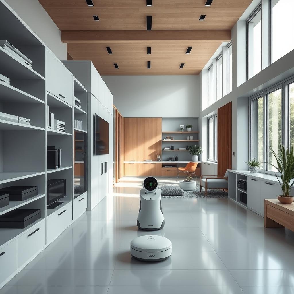 An immaculate smart home with sleek, minimalist organizational systems in the foreground. Modular shelving units, hidden compartments, and a central control panel blend seamlessly into the modern, airy interior. Muted tones of white, grey, and wood accents create a calming, efficient atmosphere. In the middle ground, robotic assistants and smart home devices unobtrusively monitor and manage the home's functions. The background reveals large windows flooding the space with natural light, blurring the boundaries between indoors and out. A sense of tranquility and effortless organization pervades the scene, showcasing the pinnacle of household management technology.