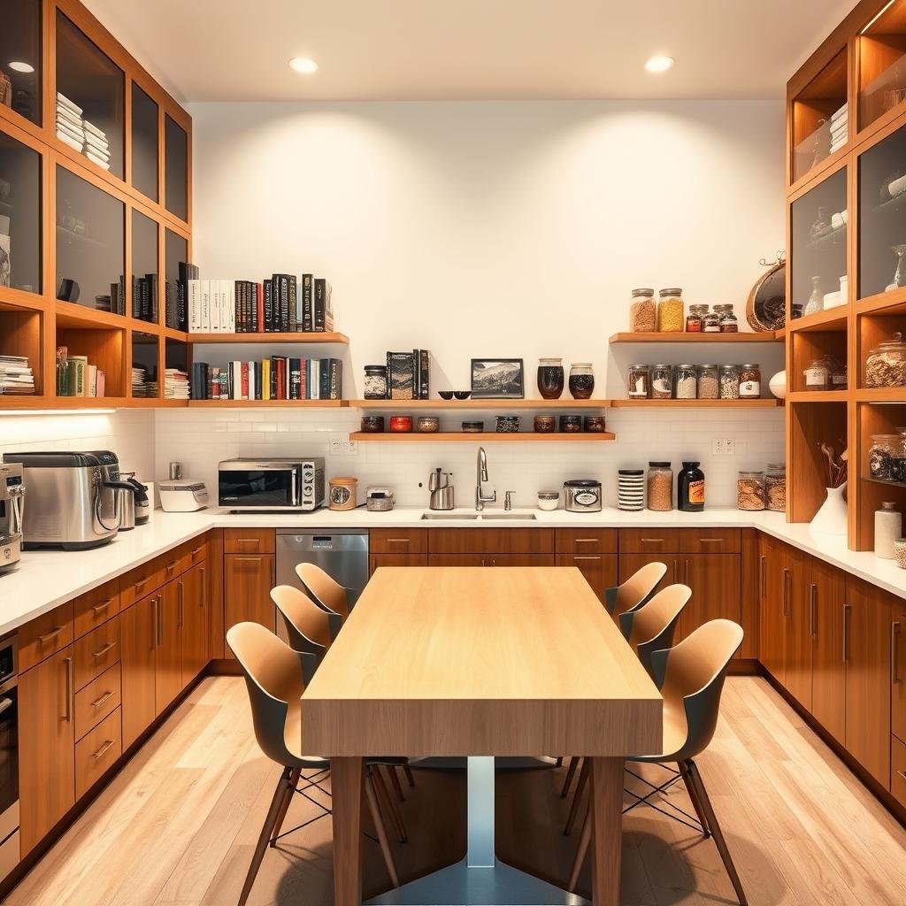 An organized kitchen hub with a spacious, well-lit countertop showcasing an array of neatly arranged stainless steel appliances, from a state-of-the-art coffee machine to a high-powered blender. Wooden cabinets and shelves with transparent glass doors display an orderly collection of cookbooks, spices, and glass jars filled with dry goods. The center of the room features a large, rectangular dining table surrounded by modern, comfortable chairs, creating a welcoming space for meal preparation and casual gatherings. Warm, indirect lighting casts a soft glow, complementing the neutral color palette and natural materials. The overall atmosphere exudes efficiency, functionality, and a sense of calm, making this kitchen an organized and inviting hub for the home.