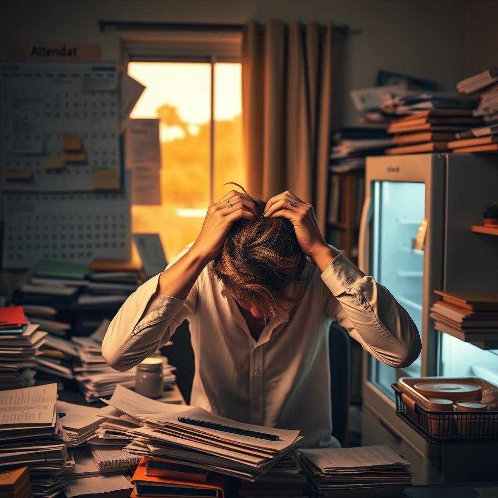 Detailed scene of common causes of stress in modern life: Overflowing calendar with conflicting appointments and deadlines, mounds of paperwork, blinking smartphone notifications, empty refrigerator with takeout containers, frustrated person gripping hair in a dimly lit, cluttered home office. Warm, golden hour lighting from large window illuminates the chaos, creating dramatic shadows. Shallow depth of field with focus on the central figure, blurring the surrounding stressors. Convey a sense of overwhelm, anxiety, and loss of control through the composition and lighting.