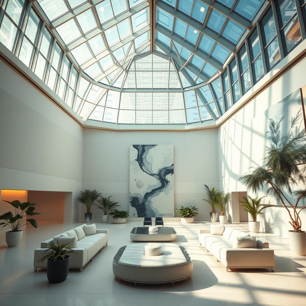Inspiring space: a vast, awe-inspiring interior with a towering glass ceiling that floods the room with natural light. Sleek, minimalist furnishings in shades of white and gray create a clean, uncluttered atmosphere. Potted plants and a soothing water feature lend a sense of tranquility. The walls are adorned with abstract, emotion-stirring artwork that draws the eye upward, encouraging contemplation and creativity. A large, cushy seating area invites visitors to linger, absorbing the serene, motivating ambiance. Warm, indirect lighting casts a gentle glow, while strategic shadows add depth and drama. The overall impression is one of clarity, harmony, and an uplifting sense of possibility.