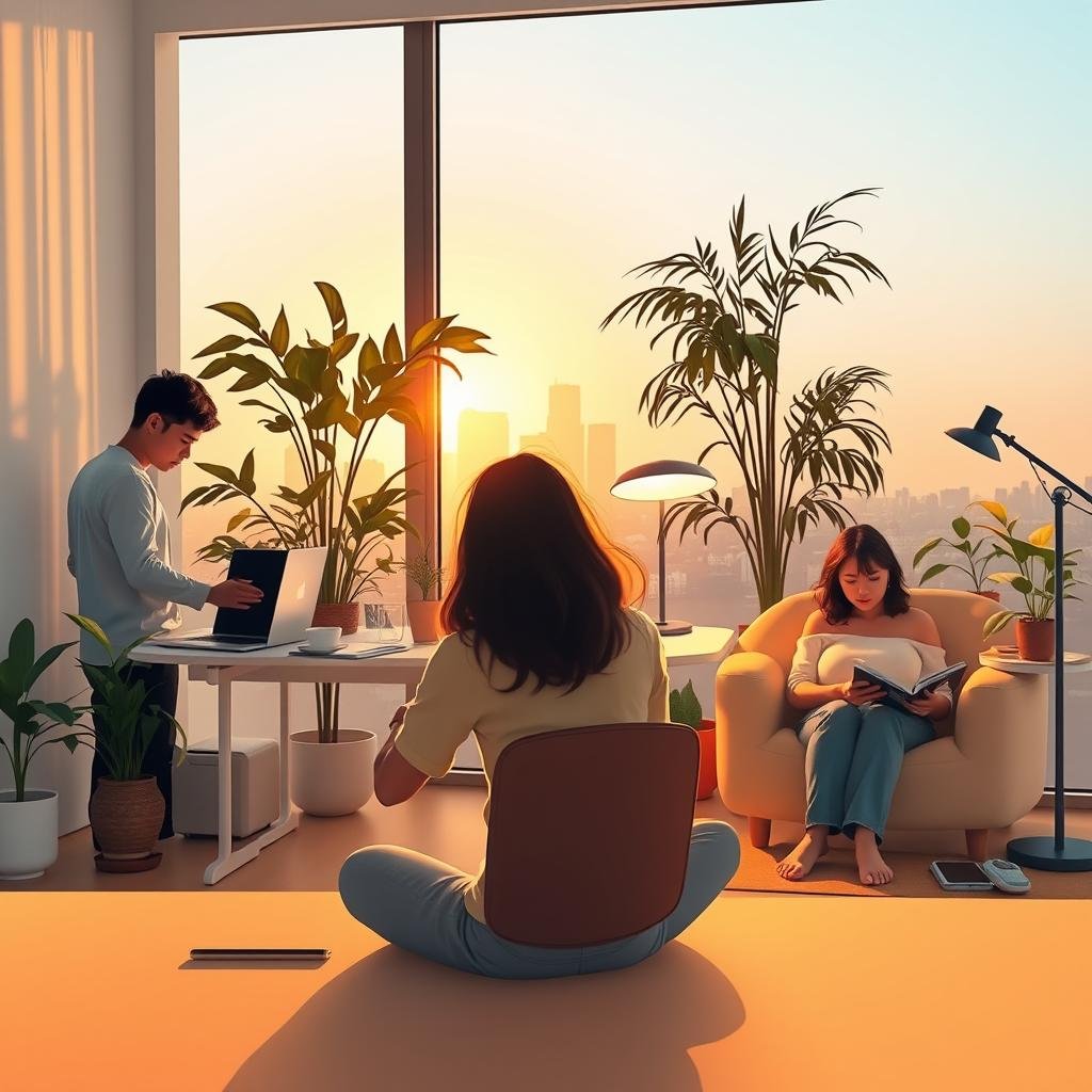 Personified morning routines: a vibrant tableau showcasing four distinct personalities. In the foreground, a meticulous introvert meticulously organizing their minimalist workspace, bathed in soft, natural light. Beside them, an extroverted morning person energetically stretching, surrounded by lush houseplants and a shimmering skyline. In the background, a pragmatic, analytical type reviewing their daily agenda under the glow of a sleek, ultra-modern desk lamp. Finally, a free-spirited creative type, nestled in a cozy reading nook, sipping their favorite brew as they plan their day's artistic pursuits. Each figure inhabits their own carefully curated space, reflecting their unique temperament and approach to starting the day. Personified morning routines: a vibrant tableau showcasing four distinct personalities. In the foreground, a meticulous introvert meticulously organizing their minimalist workspace, bathed in soft, natural light. Beside them, an extroverted morning person energetically stretching, surrounded by lush houseplants and a shimmering skyline. In the background, a pragmatic, analytical type reviewing their daily agenda under the glow of a sleek, ultra-modern desk lamp. Finally, a free-spirited creative type, nestled in a cozy reading nook, sipping their favorite brew as they plan their day's artistic pursuits. Each figure inhabits their own carefully curated space, reflecting their unique temperament and approach to starting the day.