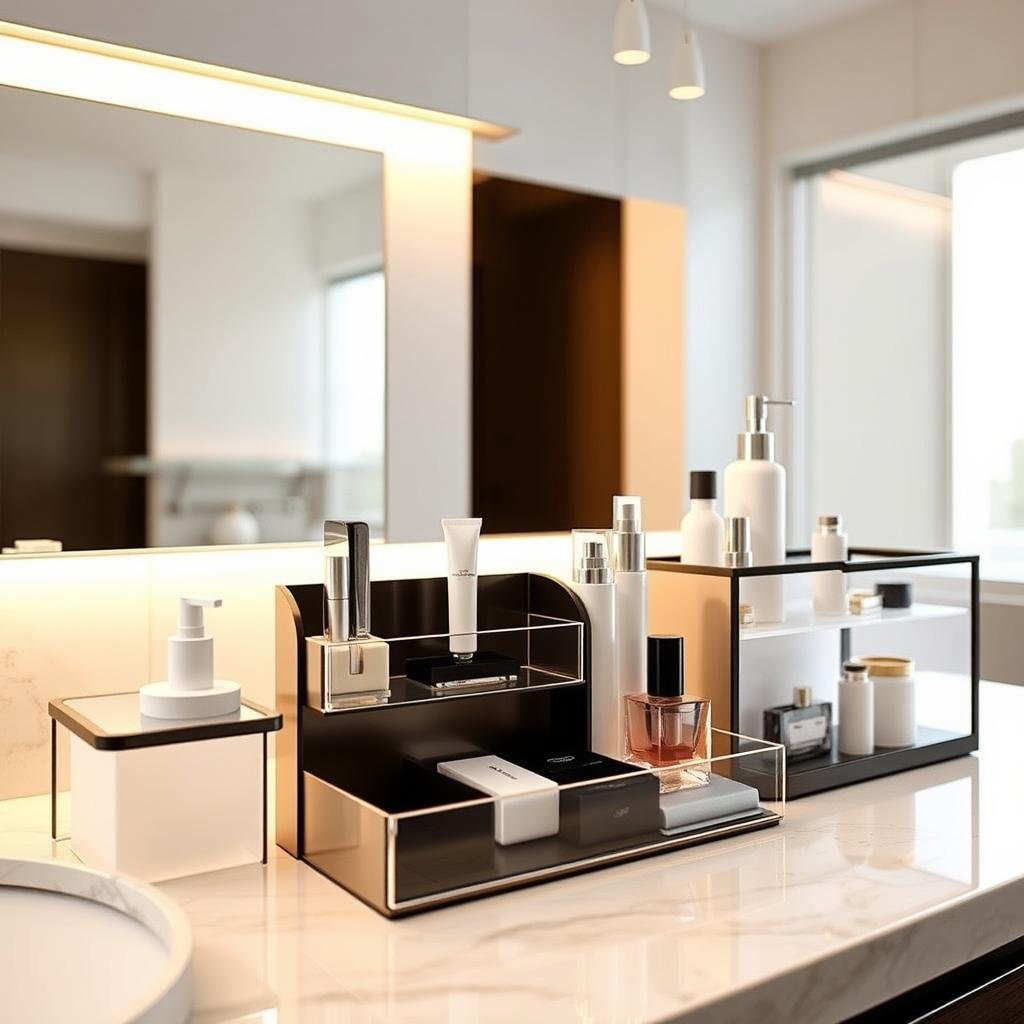 Sleek and modern bathroom vanity organizers, neatly arranged on a marble countertop. The organizers feature various compartments and shelves, perfectly suited for storing toiletries, makeup, and other bathroom essentials. Soft, warm lighting from above illuminates the scene, creating a serene and inviting atmosphere. The organizers are made of high-quality materials, such as brushed metal or frosted glass, complementing the overall sophisticated and minimalist design. The image captures the essence of bathroom organization, showcasing how thoughtful storage solutions can transform a cluttered space into a harmonious and functional one.