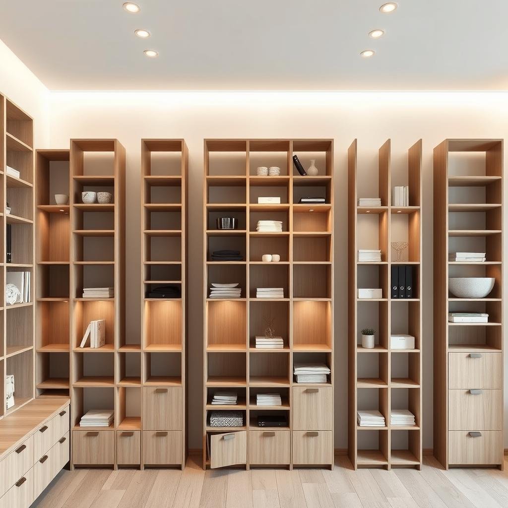 Sleek, minimalist vertical storage solutions filling a well-lit, modern room. Tall, slender shelving units in a neutral palette, their clean lines and strategic placement optimizing space. Varied compartments and cubbies for neatly organizing everyday items. Soft, diffused lighting from overhead fixtures casts a warm glow, highlighting the tactile textures of wood and metal. The serene, uncluttered aesthetic creates an atmosphere of calm and efficiency, perfectly suited for a productive, organized living space.