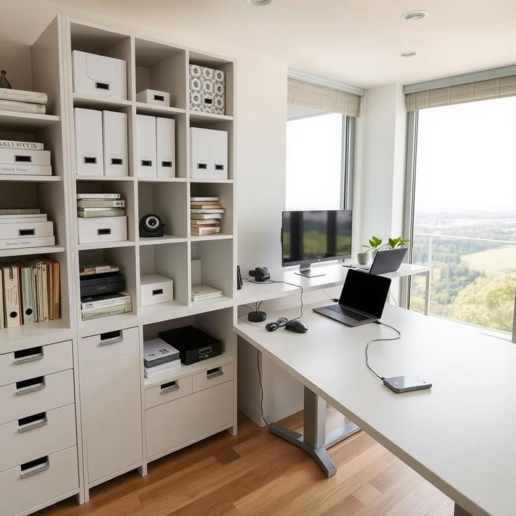 a clean, minimalist home office with various smart storage solutions, neatly organized and optimized for productivity. The foreground features a modular shelving unit with labeled compartments, drawers and cubbies for efficient storage of office supplies, documents and electronics. In the middle ground, a sleek, height-adjustable desk with built-in wireless charging and cable management. The background showcases large windows overlooking a serene outdoor landscape, bathing the room in soft, natural lighting. The overall atmosphere is one of calm, organized efficiency, with subtle technological integration that enhances the workspace.