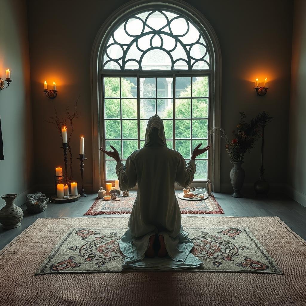 a serene and sacred ritual space, with a central altar adorned with candles, crystals, and a small bowl of water. Soft, diffused lighting from sconces and a large, circular window bathes the room in a warm, contemplative glow. The floor is covered in a richly textured, natural-colored rug, and the walls are a calming shade of sage green. In the foreground, a figure in a flowing, hooded robe kneels in meditation, their hands outstretched in a gesture of reverence. The background features a large, ornate window that looks out onto a lush, verdant garden, symbolizing the connection between the inner and outer worlds.