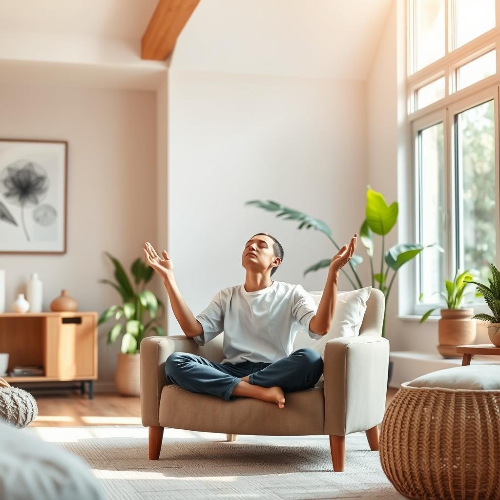 a serene, minimalist living room with warm, diffused lighting, soft and earthy tones, natural textures like wood and linen, plants and greenery, a large window allowing natural light to flood the space, a person sitting in a comfortable armchair, eyes closed, palms upturned, meditating with a sense of calm and intentional focus, the energy of the room palpable and tranquil, conveying the power of mindful presence and energy management
